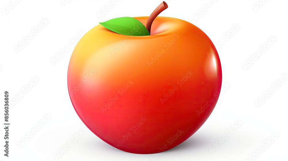 Poster a photo of a red apple with a green leaf. the apple is sitting on a white table. the apple is smooth