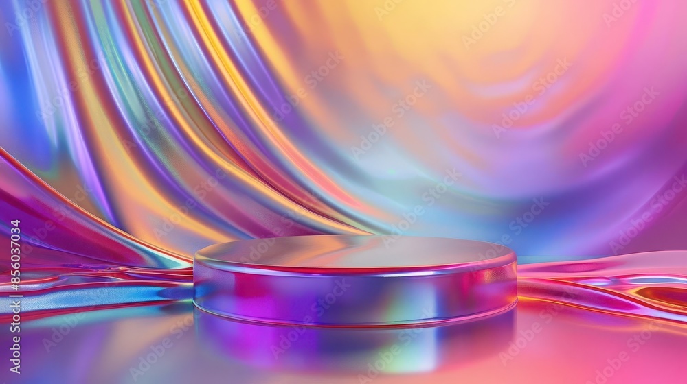 Poster elegant metallic podium display on colorful liquid background 3d render
