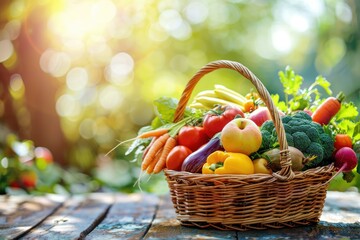 Abundant Harvest A Vibrant Array of Fresh Vegetables and Fruits Artfully Presented in a Wicker Basket on a Rustic Wooden Table, with a Sunlit Garden in the Background