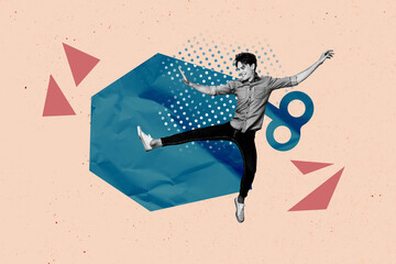 Artwork poster collage of smiling man marionette motion energy control influence concept isolated...
