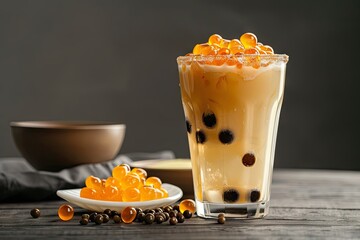 Bubble Tea with Tapioca Pearls and Orange-Flavored Popping Boba