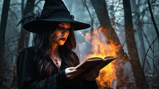 A witch in a dark forest reads from a book while casting a spell, with flames flickering around her.