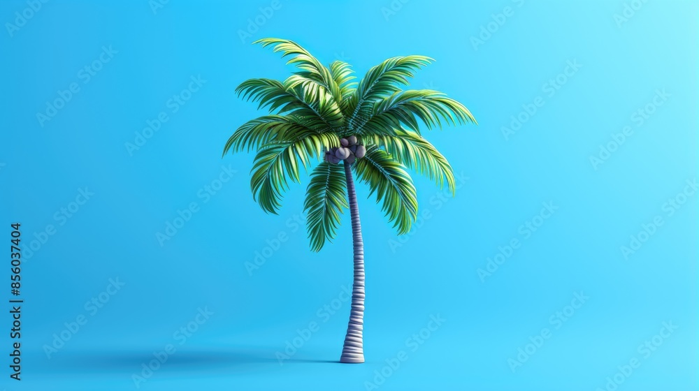 Poster 3d rendering of a palm tree on a blue background. the palm tree is green and has a brown trunk. the 