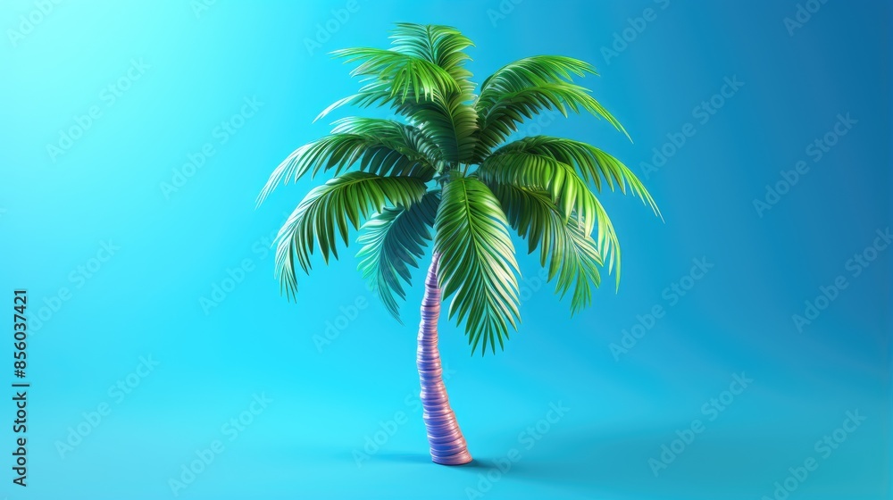 Poster 3d rendering of a palm tree on a blue background. the palm tree is green and has a brown trunk.