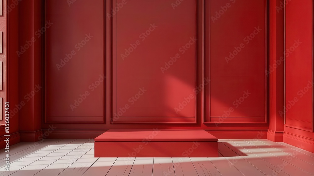 Poster elegant red pedestal display platform in vivid red room 3d product showcase rendering