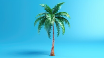 Obraz premium 3D rendering of a palm tree on a blue background. The palm tree is green and lush, with long, slender leaves. The trunk is brown and rough.
