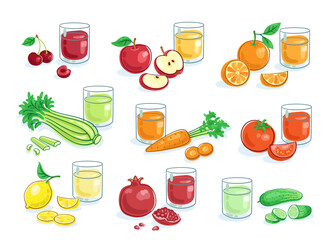 Set of nine fresh vegetable and fruit juices. Colorful picture in line style. Template for menu design. Isolated on white background. Vector flat illustration.
