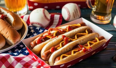Hot dogs, American flag and baseballs in 4th Jul Independence Day