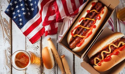 Hot dogs, American flag and baseballs in 4th Jul Independence Day