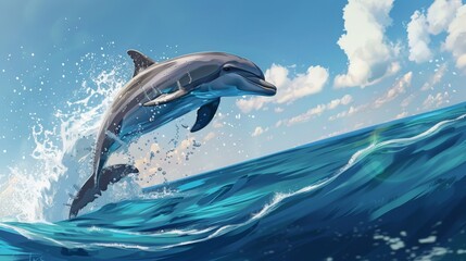 Obraz premium Dolphin jumping out of the ocean with blue sky