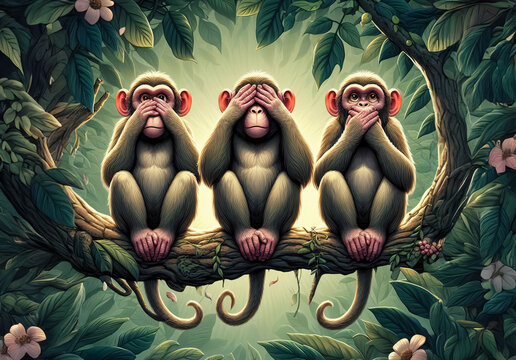 Drei Affen auf einem Baum, Ausdruck - neugierig sein - nichts sehen - nichts sagen