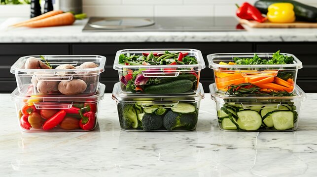 Freshly Chopped Vegetables In Clear Plastic Containers On Marble Countertop