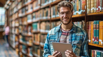 Handsome Young Man with Laptop in Library