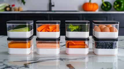 Assorted Fresh Vegetables In Plastic Containers For Meal Prep On Kitchen Counter 