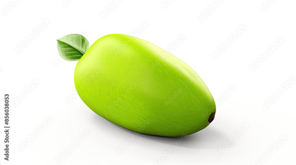 Poster 3d rendering of a green mango with leaf isolated on white background.