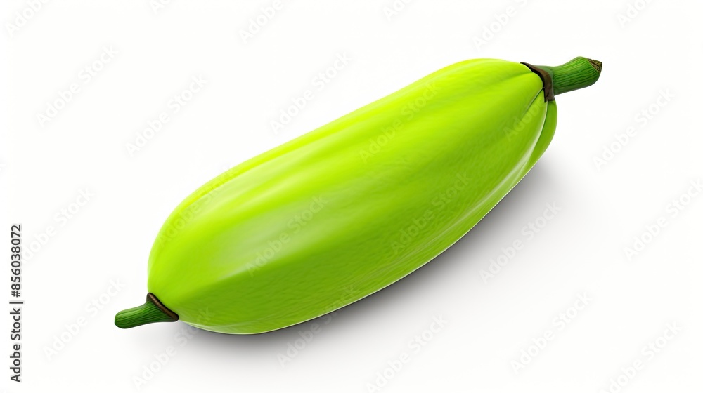 Poster a 3d rendering of a green banana on a white background. the banana is slightly curved and has a smoo
