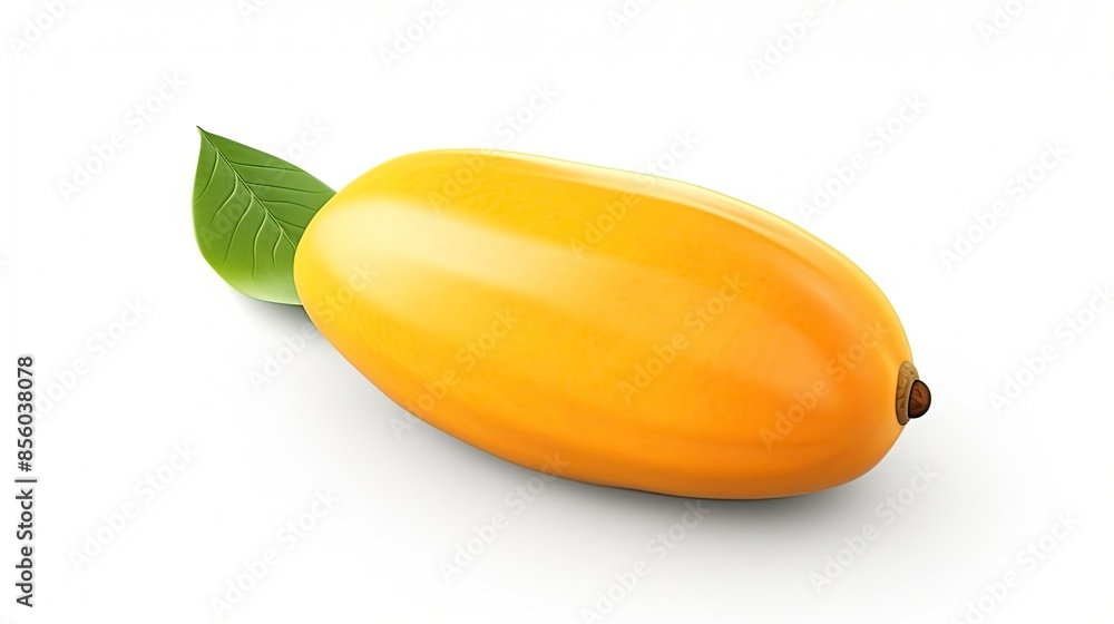Poster a 3d rendering of a yellow mango. the mango is slightly oval in shape and has a smooth, shiny skin.