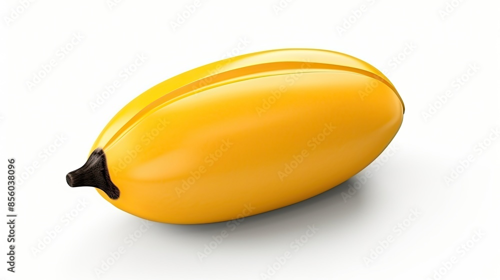 Poster 3d rendering of a yellow banana. the banana is slightly curved and has a brown stem. the banana is i