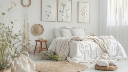 elegant white bedroom interior with real wooden stool cozy bed and charming floral posters lifestyle photo