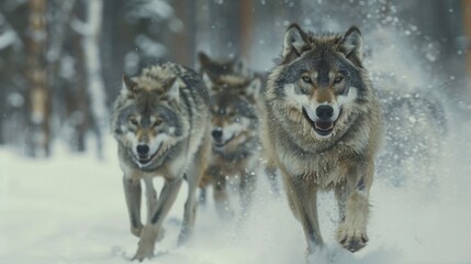 Naklejka premium A pack of gray wolves running through a snowy forest and their breath visible in the cold air