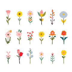 Obraz premium A delightful collection of floral illustrations showcasing a variety of colorful flowers in a modern, minimalist style. Ideal for spring and summer designs, seasonal celebrations, and festive decorati