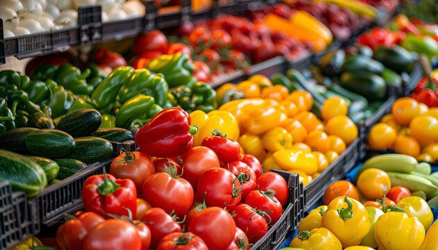 Fresh organic Vegetables and fruits on shelf in supermarket, farmers market. Healthy food market concept
