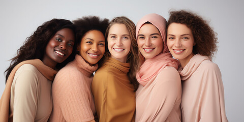 Happy women of different nationalities and appearances stand next to each other, showing unity on International Friendship Day.