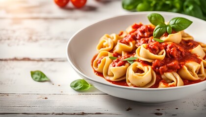 Italian tortellini with tomato sauce over white wooden surface
