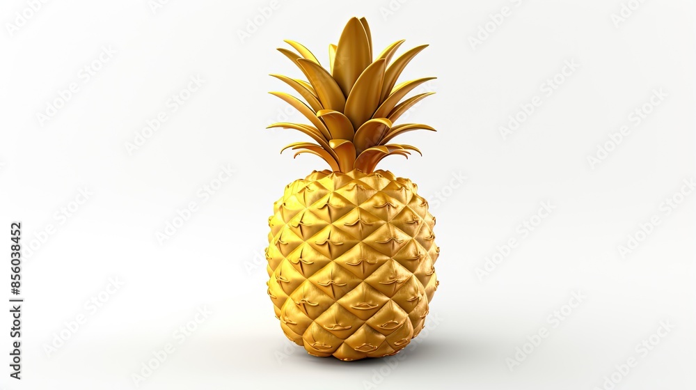 Poster 3d rendering of a golden pineapple on a white background. the pineapple is in focus and has a realis