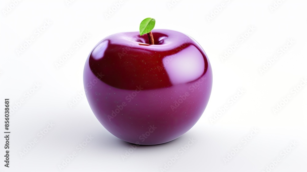 Poster 3d rendering of a glossy purple apple on a white background. the apple is slightly tilted and has a 