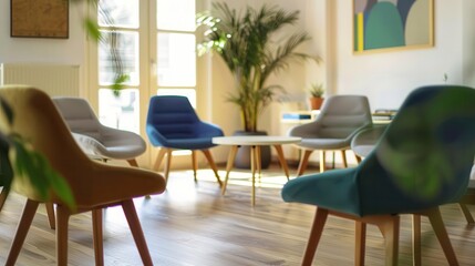 Fototapeta premium empty chairs arranged in circle waiting for group therapy session psychologists office interior