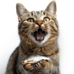 Obraz premium cat yawning with a fish in its mouth