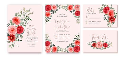 wedding invitation set with red peach floral watercolor background