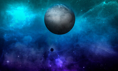 Planet in space in the glow of stars and nebula, abstract space 3D, 3d image, background, illustration