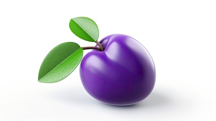 A photo of a juicy purple plum with green leaves on a white background. The plum is perfectly ripe and ready to be eaten.