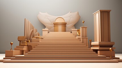 3D rendering of a podium with stairs leading up to it. The podium has a golden throne on it.
