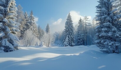 A serene snow-covered forest with tall pine trees, a blanket of fresh snow, and a clear blue sky