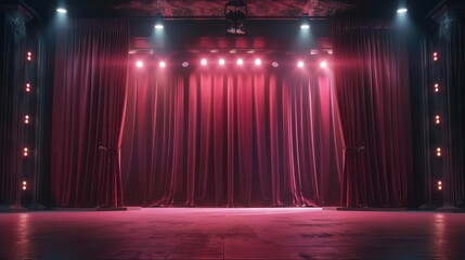 empty theater stage with red velvet curtains and spotlights 3d rendering entertainment industry concept