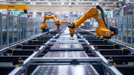 The robotic assembly line for solar panels passive house production industry
