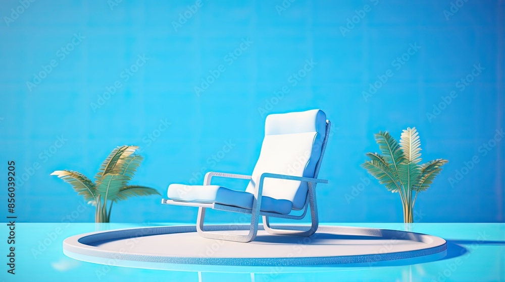 Poster this is a 3d rendering of a white lounge chair on a round platform in the middle of a blue swimming 