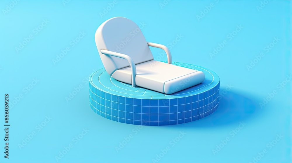 Poster 3d rendering of a minimalist lounge chair with a round base. the chair and base are white and the ba