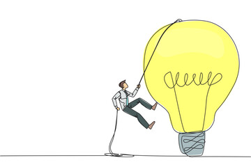 Continuous one line drawing businessman climbing lightbulb with rope. Trying to reach high places to get useful fresh ideas. For the company's benefit. Single line draw design vector illustration