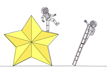 Continuous one line drawing astronaut kicks opponent who is climbing the star with the ladder. Dropping opponents from achieving the same dream. The rival. Single line draw design vector illustration