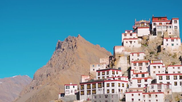 Closeup shot of Key Monastery against the clear blue sky near Kaza in Spiti Valley, Himachal Pradesh, India. Oldest Monastery in Spiti Valley. Buddhist monastery against the clear blue sky in India.