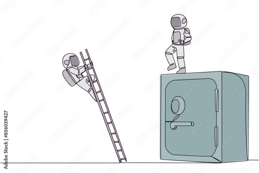 Poster continuous one line drawing astronaut kicks opponent who is climbs safe deposit box with ladder. dro