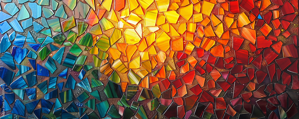 Poster a mosaic pattern made up of tiny pieces of colored glass, reflecting the light in a dazzling display