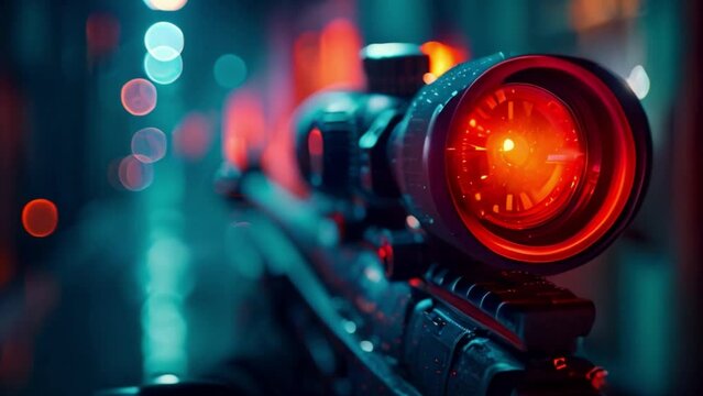 This close-up view of a sniper scope with a red dot aimed at a target. Laser tag
