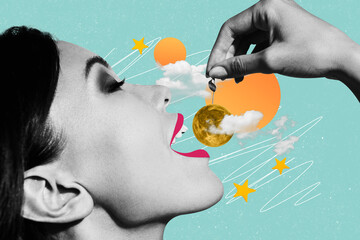 Composite photo collage of closeup female face hold moon planet cherry imitation want eat alien...