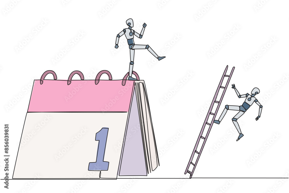 Poster continuous one line drawing smart robot kicks opponent who is climbing a desk calendar with a ladder