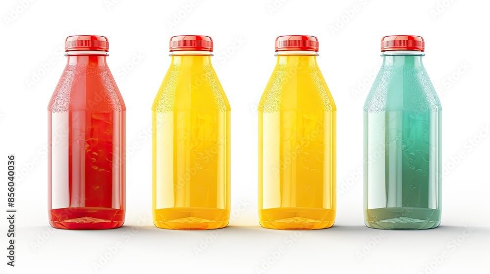 Poster four colorful bottles of juice with red caps. the bottles are arranged in a row on a white backgroun